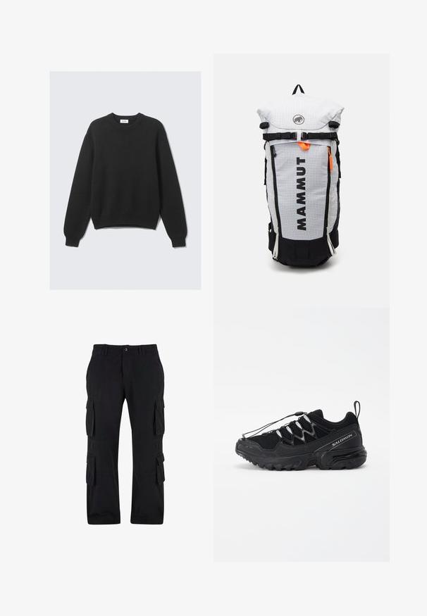 Sort langærmet striktrøje med rund hals, ribbede manchetter og kant, lagt fladt mod en lys baggrund.; Sorte cargo bukser lavet af bomuldsstof, med flere sidelommer, en afslappet pasform og lige ben-design.; Sorte løbesko med mesh-overdel, reflekterende detaljer og elastiske snørebånd. Har en robust sål med trækmønstre for stabilitet.; Mammut Vandrerygsække - white/black