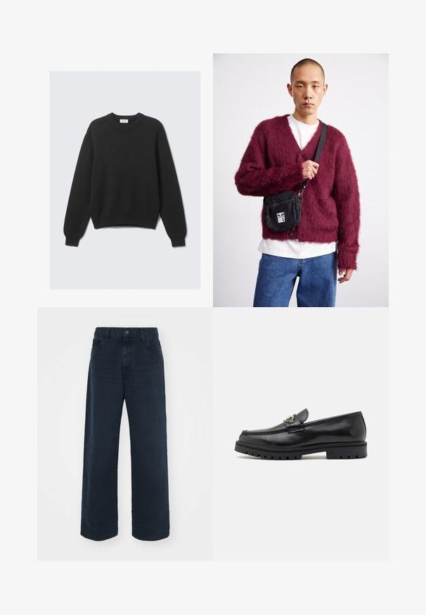 Crna dugačka pletena majica dugih rukava s okruglim izrezom, rebrastim manžetama i rubom, položena ravno na svijetloj pozadini.; Mornarsko plave široke traperice izrađene od denima s kopčanjem na dugme i petljama za pojas. Imaju dva prednja džepa i glatku, teksturiranu završnu obradu.; Crne kožne loafers cipele s glatkom površinom, okruglim vrhom, dekorativnom trakicom s zlatnim detaljima i čvrstim crnim potplatom.; Burgundski puhasti kardigan s V-izrezom i gumbima, nosi se preko bijele košulje. Crna torba preko ramena s logom "OBEY" je pričvršćena.