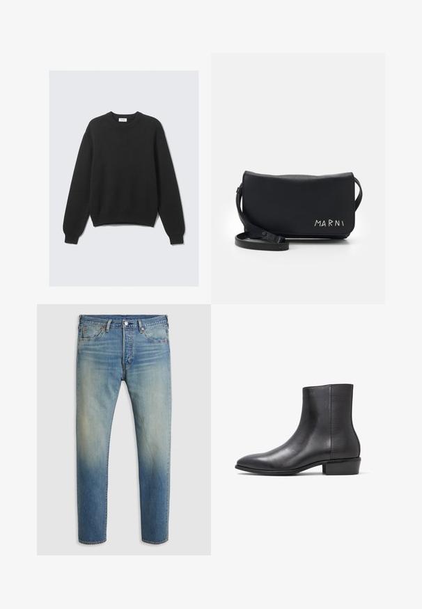 Must musta pikad varrukad kudum, ümar kaelus, soonikkiud ja äär, asetatud tasasel heledale taustale.; Meeste sinised kulunud teksased, millel on ees taskud, vöötaskud, nööbkinnita ja õrnad kulumised vöökoha lähedal.; ALDO PILLOWWALK+FLEX INSIDE ZIP AMUR - Klassikalised poolsaapad - open black; Must mustreist nahkrist kott tekstuuriga pinnaga, klapi sulgemise ja reguleeritava rihmaga. Omab hõbedasel kujul embosseeritud "MARNI" logo.; Digitaalne randmekell mustast roostevabast terasest rihmaga, ruudu kujuline must kellanägu, valged numbrid, veekindel kuni 5 baari ja valgustusfunktsioon.