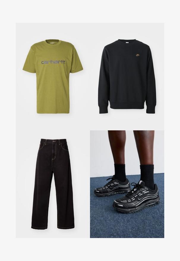 Svart hettegenser laget av myk stoff, med rund hals, lange ermer og en liten gull Nike-logo på brystet.; Olivegrønn bomulls t-skjorte med rund hals og korte ermer, prydet med en blå "carhartt." logo over brystet.; Sorte denim vide benbukser med kontrastsøm, fem lommer og lukking med knapp foran. Glatt tekstur og slitesterk stoff.; Sorte Nike-sko har en mesh-overdel med aksentstriper, teksturert snøring og en svart gummisåle. Brukt med svarte ribbede sokker.