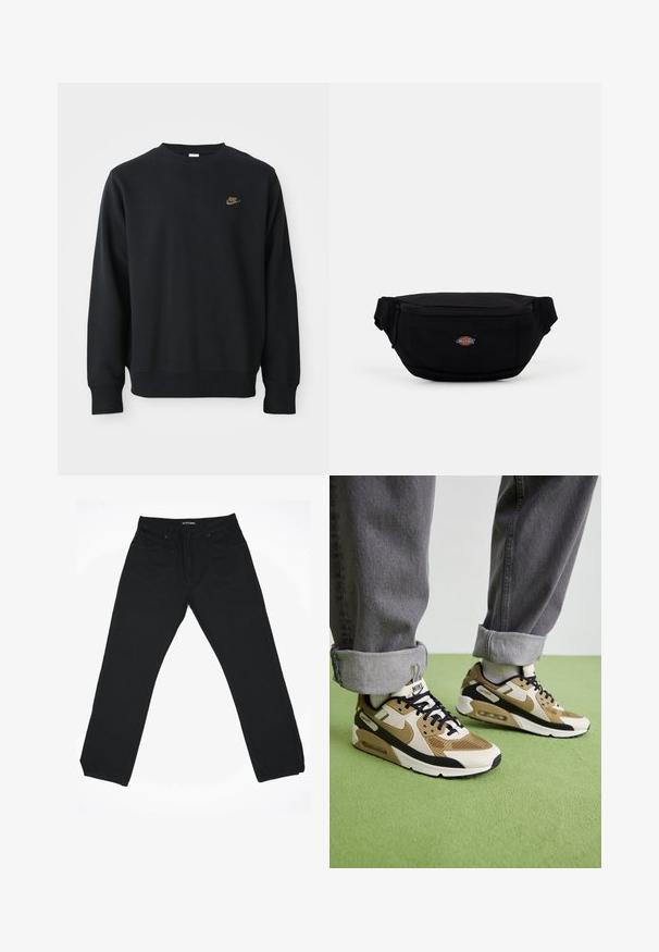 Svart hettegenser laget av myk stoff, med rund hals, lange ermer og en liten gull Nike-logo på brystet.; Svarte denim jeans med rett ben-design, med en middels høy midje, fem lommer og subtile sømdetaljer.; Nike Air Max 90 sko i beige og svart, med mesh- og lærematerialer, synlig demping og svarte snører.; Svart stoffermagn med glidelås, med et lite merke på fronten. Kompakt, rund design med justerbare stropper.