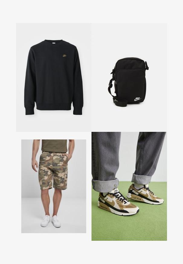 Svart hettegenser laget av myk stoff, med rund hals, lange ermer og en liten gull Nike-logo på brystet.; Kamuflasje cargo shorts i grønn, brun og beige, med flere lommer og en avslappet passform. Laget av slitesterkt stoff, kne-lengde.; Nike Air Max 90 sko i beige og svart, med mesh- og lærematerialer, synlig demping og svarte snører.; Svart nylon crossover-veske med justerbar stropp, glidelåslommer og en hvit Nike-logo foran. Glatt tekstur, rektangulær form.