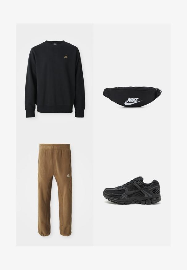 Sweatshirt preto feito de tecido macio, com gola redonda, mangas longas e um pequeno logo dourado da Nike no peito.; Calças de fleece castanhas com um corte descontraído, apresentando uma perna afunilada, cintura elástica e detalhes de costura sutis. Logótipos na coxa esquerda da frente.; Sapatilha atlética preta com parte superior em malha, sola de borracha e toques texturizados. O design inclui um sistema de atacadores pronunciado e sola almofadada.; Mochila de cintura preta em nylon com fecho com zíper, apresentando um grande logótipo branco da Nike. Textura suave e design ergonómico para um uso confortável.
