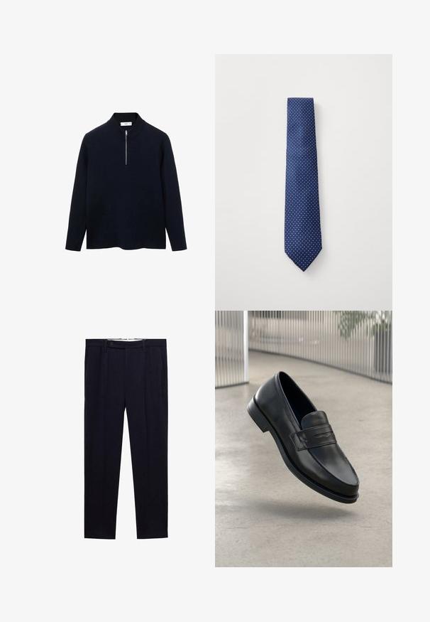 Námorný pulóver s dlhými rukávmi, vysokým golierom a predným polovičným zipsom. Vyrobený z hladkej tkaniny s voľným strihom a bočnými rozparokmi na leme.; Biela košeľa s dlhým rukávom a klasickým golierom, s hladkou textúrou a siedmimi gombíkmi na prednej strane.; Námornícky modré nohavice so rovnými nohavicami, dvojitými záhybmi a gombíkovým zapínaním v oblasti pása. Vyrobené z hladkej látky bez vzoru.; Čierna kožená mokasína s hladkou textúrou, špicatou špičkou a ozdobným remienkom cez priehlavok. Ľahká podrážka, minimalistický dizajn.; Námornícky modrá kravata s malým bielym bodkovaným vzorom, vyrobená z hladkej látky, so špicatým hrotom a štandardnou šírkou.