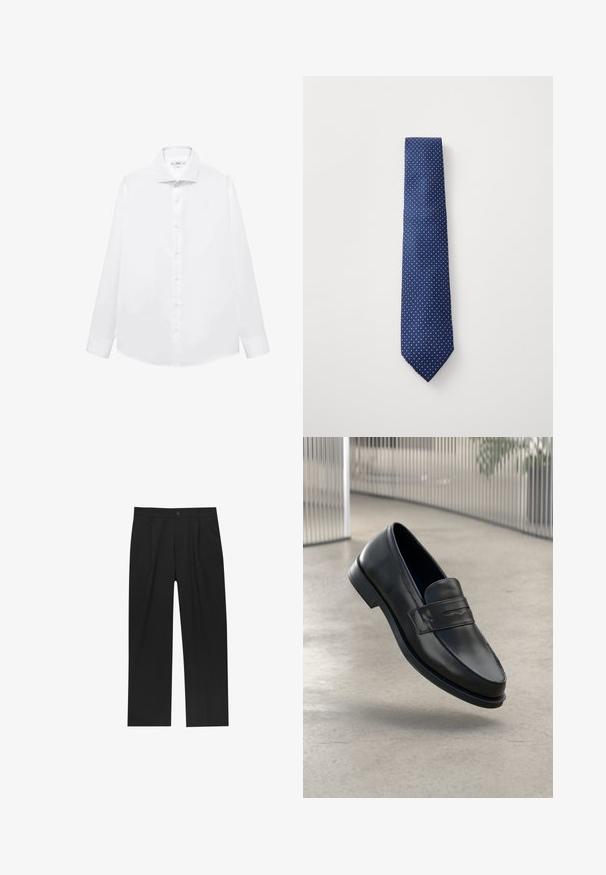 Mornarski pulover z dolgimi rokavi, visokim ovratnikom in sprednjim polovičnim zadrgo. Narejen iz gladkega materiala z sproščenim krojem in stranskimi razporki na robu.; Bela dolga srajca iz gladkega bombaža, z obrobljenim ovratnikom, sprednjim zapiranjem na gumb in ravnim robom.; Črne hlače z ravnim krojem, narejene iz gladkega materiala. Imajo sprednje gube in enojno zaponko na pasu.; Črni usnjeni loafer z gladko teksturo, zašiljenim prstom in okrasnim trakom čez nart. Lahka podplat, minimalističen dizajn.; Mornarsko modra kravata z majhnim vzorcem belih pik, izdelana iz gladkega blaga, z ostrim koncem in standardno širino.