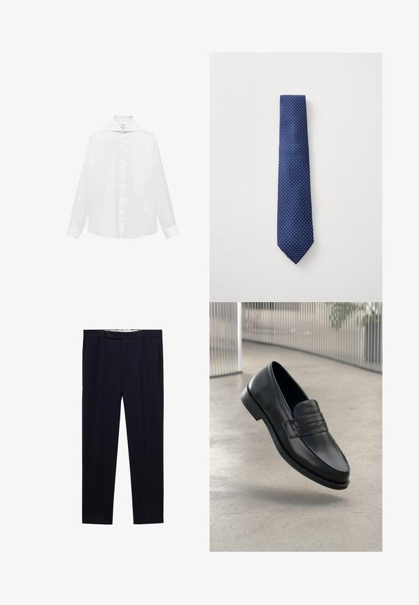 Navy pullover with long sleeves, high collar, and a front half-zip. Made from smooth fabric with a relaxed fit and side slits at the hem.; White long-sleeve button-up shirt with a pointed collar, featuring a smooth texture and seven buttons down the front.; Navy blue trousers featuring a straight leg design, double pleats, and a button closure at the waist. Made from a smooth fabric with no patterns.; Black leather loafer with smooth texture, pointed toe, and a decorative strap across the instep. Lightweight sole, minimal design.; Navy blue tie featuring a small white polka dot pattern, made of smooth fabric, with a pointed tip and a standard width design.