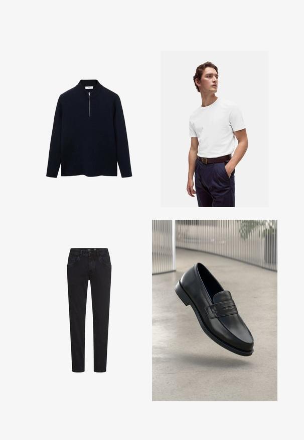 Marineblå pullover med lange ærmer, høj krave og en halv lynlås foran. Lavet af glat stof med en afslappet pasform og sideslidser i kanten.; Hvid bomulds T-shirt med rund halsudskæring, båret med marineblå plisserede bukser og et brunt læderbælte med en guldbuckle.; Sorte denim jeans med slim fit, der har forlommer, lynlås og en glat tekstur. Klassisk fem-lomme design, alsidig til afslappet brug.; Sort lædersko med glat tekstur, spids tå og en dekorativ rem over vristen. Letvægts sål, minimalistisk design.