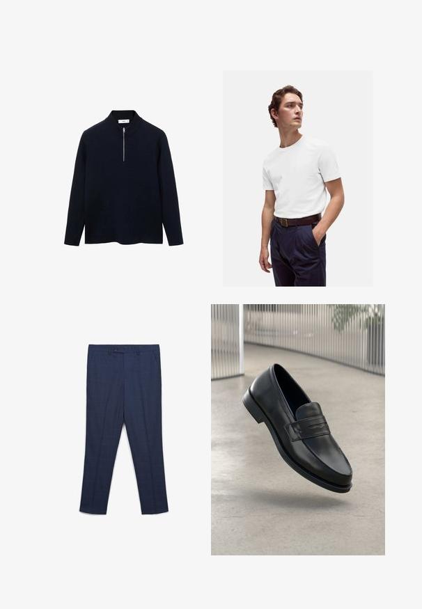Navy Pullover mit langen Ärmeln, hohem Kragen und einem halben Reißverschluss vorne. Hergestellt aus glattem Stoff mit lockerer Passform und seitlichen Schlitzen am Saum.; Weißes Baumwoll-T-Shirt mit rundem Ausschnitt, kombiniert mit navyblauen, gefalteten Hosen und einem braunen Ledergürtel mit goldener Schnalle.; Marineblaue Herren-Anzughose mit dezentem Fensterkaromuster, Knopfverschluss, Gürtelschlaufen und seitlichen Taschen.; Schwarzer Lederloafer mit glatter Textur, spitzer Zehe und einem dekorativen Riemen über dem Rist. Leichte Sohle, minimalistisches Design.