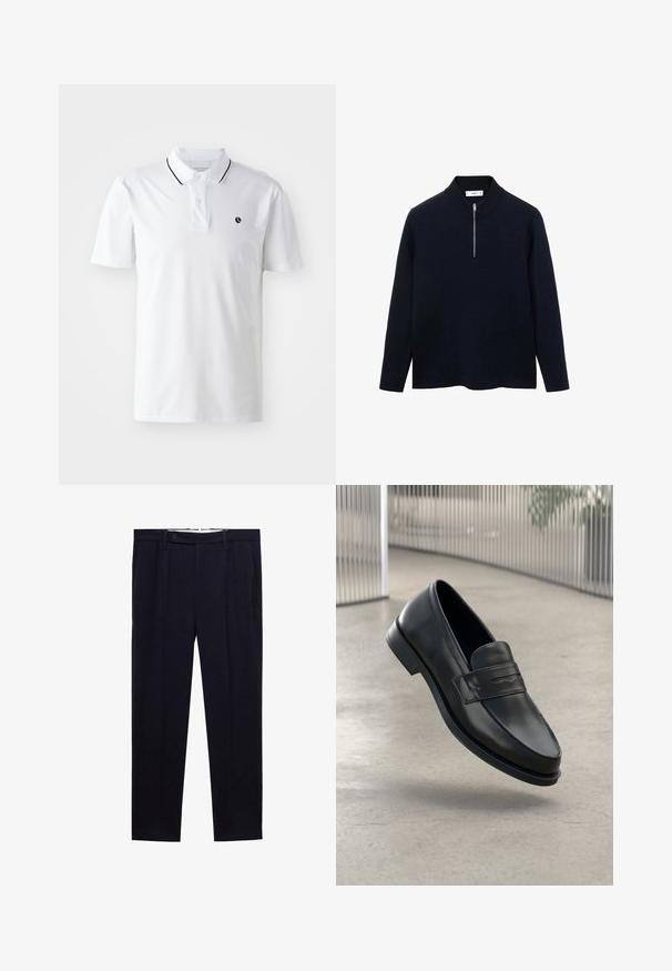 Marineblå pullover med lange ærmer, høj krave og en halv lynlås foran. Lavet af glat stof med en afslappet pasform og sideslidser i kanten.; Hvid polo T-shirt med korte ærmer, to-knaps lukning og sort kant rundt om kraven. Har et lille sort logo på brystet.; Mørkeblå bukser med lige ben, dobbelte plisseringer og knaplukning i taljen. Fremstillet af et glat stof uden mønstre.; Sort lædersko med glat tekstur, spids tå og en dekorativ rem over vristen. Letvægts sål, minimalistisk design.
