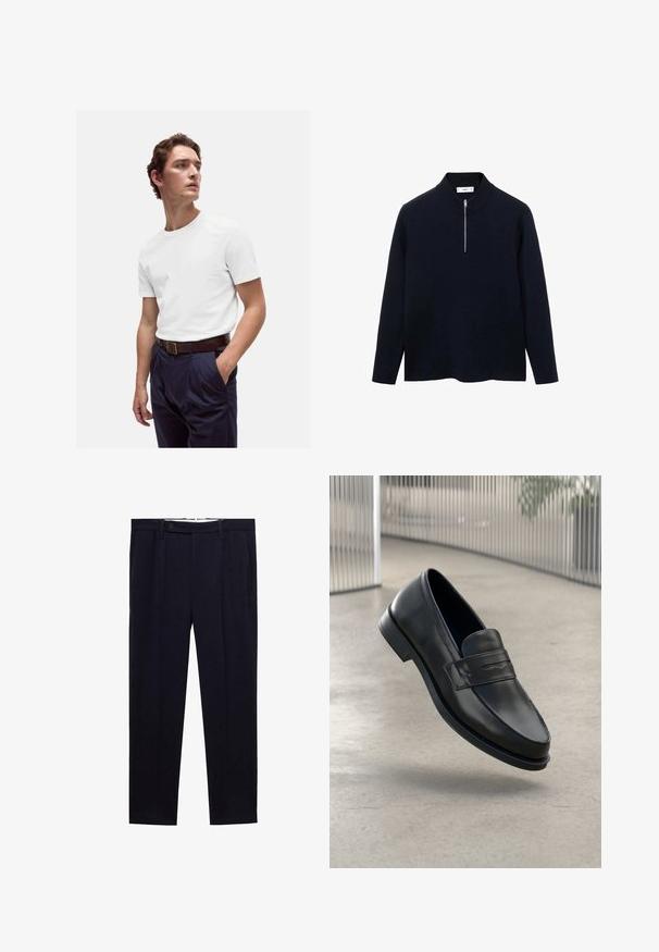 Marineblå pullover med lange ærmer, høj krave og en halv lynlås foran. Lavet af glat stof med en afslappet pasform og sideslidser i kanten.; Hvid bomulds T-shirt med rund halsudskæring, båret med marineblå plisserede bukser og et brunt læderbælte med en guldbuckle.; Mørkeblå bukser med lige ben, dobbelte plisseringer og knaplukning i taljen. Fremstillet af et glat stof uden mønstre.; Sort lædersko med glat tekstur, spids tå og en dekorativ rem over vristen. Letvægts sål, minimalistisk design.