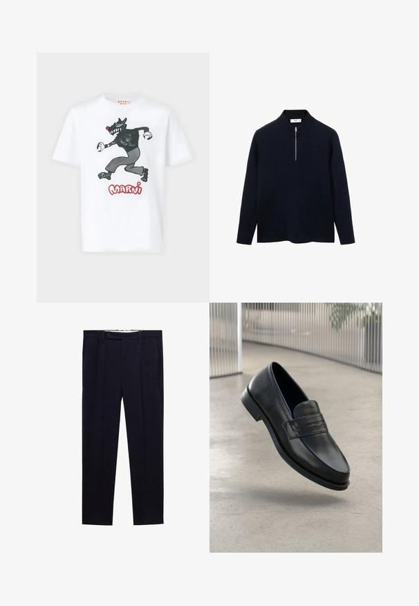 Merimustat pullover pitkillä hihoilla, korkealla kauluksella ja etupuolella puolivetoketjulla. Valmistettu pehmeästä kankaasta, jossa on rento leikkaus ja sivuhalkiot helmassa.; Valkoinen puuvillainen T-paita, jossa musta sarjakuvatiikerin kuva ja punainen "MARNI"-teksti edessä. Lyhyet hihat ja pyöreä pääntie.; Housut, tummansininen, suoranlahkeinen malli, kaksoisviikot ja nappikiinnitys vyötäröllä. Valmistettu sileästä kankaasta, jossa ei ole kuvioita.; Mustat nahkaiset loaferit, joissa on sileä pinta, kärjekäs kärki ja koristeellinen remmi jalkapöydän yli. Kevyt pohja, minimalistinen muotoilu.