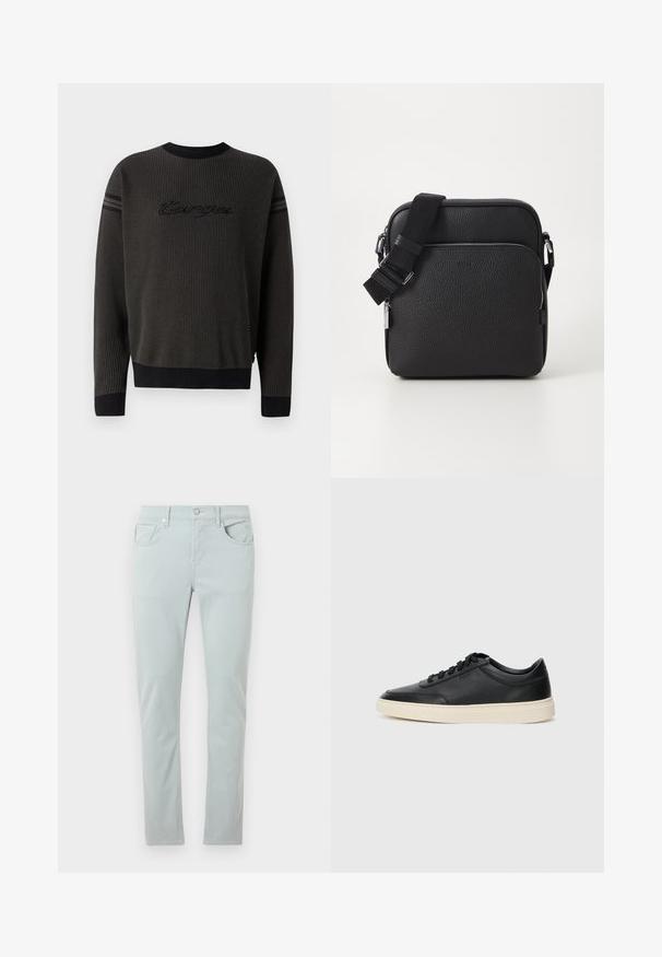 Mustra musta soonik, millel on ribitud ümmargune kaelus, tekstuuriga kangas ja tikitud "targa" logo rinnal. Tänu triibulistele aktsentidele varrukatel.; Heledad sinine teksapüksid slim fit stiilis, viie taskuga ja ees nupuga sulgemine. Sile tekstuur koos peente õmbluse detailidega.; Mustad musta nahast madal sneaker mustade nööpidega ja kreemivalge tallaga, nähtud külgprofiilis valge tausta ees.; Musta nahkne ristiõla kott tekstureeritud pinnaga, millel on esiküljel lukuga tasku, reguleeritav rihm ja metallist aksessuaarid.