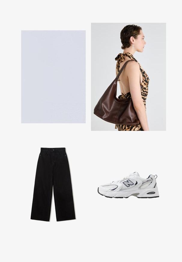 Vaaleanpunainen lyhyt neulepaita, joka on valmistettu pehmeästä neulekankaasta. Siinä on ribbauskudottu pyöreä kaulus ja pitkät hihat ribbauslahkeilla. Sileä pinta.; OXXO STRETCH SQUARE NECK SINGLET - Toppi - white; Musta, leveälahkeinen farkut, joissa on korkea vyötärö, viisi taskua ja etupuolella yksittäinen napitus.; Valkoinen urheilushoe, jossa on verkkomateriaali päällä, laivastonsiniset yksityiskohdat ja pehmeä pohja. Varustettu "N"-logolla, nauhoilla ja teksturoidulla yksityiskohdalla sivussa.; Ruskea nahkainen hobo-laukku, jossa on sileä pinta, kaareva muoto ja yksi olkahihna, esitelty neutraalilla taustalla.