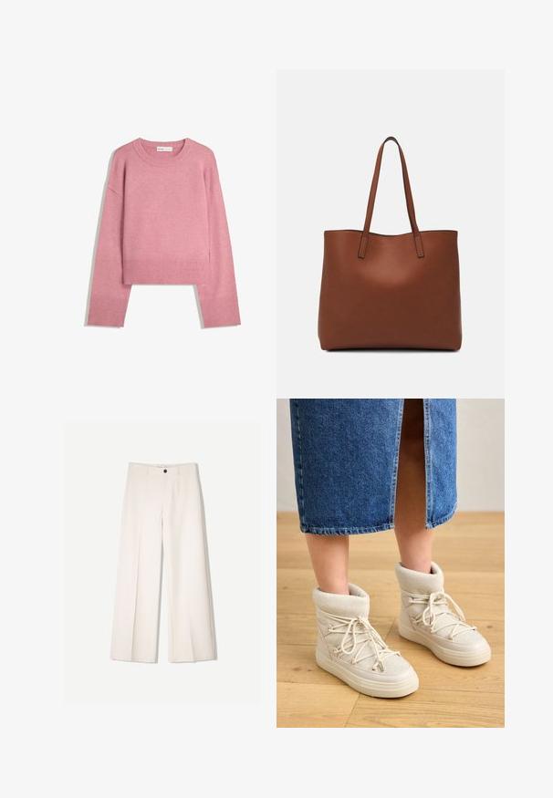 Roza skrajni pulover iz mehkega pletenega materiala, z rebrastim okroglim izrezom in dolgimi rokavi z rebrastimi manšetami. Gladka tekstura.; Kremne široke hlače s krojem, ki vključujejo dve sprednji žepi in en sprednji gumb za zapiranje, izdelane iz gladkega blaga.; Bežne gležnjače s mekim, pletenim rubom in belimi vezalkami. Podplat je debel in teksturiran, v kombinaciji z modrim jean krilom.; Rjava usnjena torba z gladko teksturo, odprto zasnovo zgoraj in dvema naramnima trakovoma. Opremljena je z minimalnim šivanjem in brez vidnih kovinskih delov.