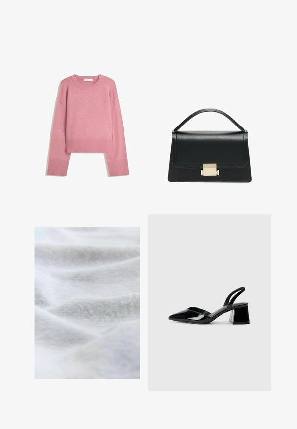 Rosa kortärmad tröja i mjukt stickat tyg, med ribbad rund halsringning och långa ärmar med ribbade manschetter. Slät textur.; Mjukt, ljusgrått bomullstyg med synlig finstickad struktur och mjuka veck som skapar subtila skuggor.; Svarta lackläder slingback klackar med spetsig tå och geometrisk klack. Har en elegant, minimalistisk design och slät yta.; Svart läderhandväska med en strukturerad design, handtag upptill och en detalj i guldmetalllås på framsidan. Slät yta, minimal sömnad.