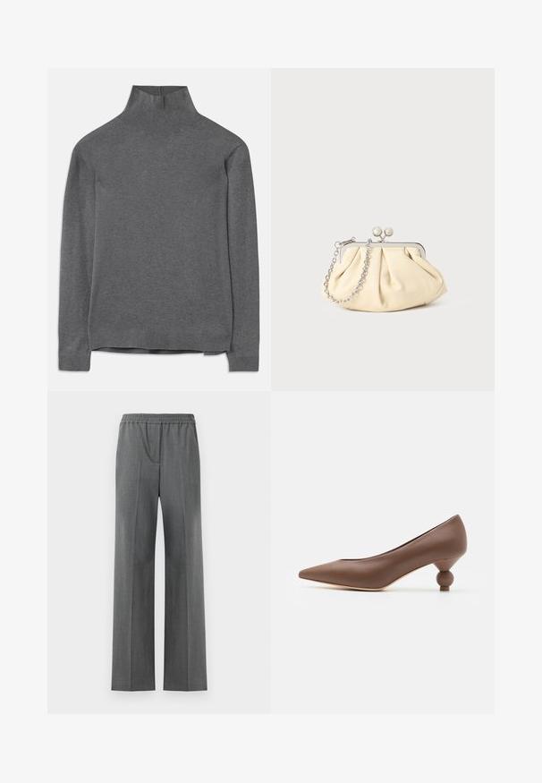 Grau gestrickter Pullover mit Stehkragen aus weichem Material, lange Ärmel, gerippter Hals und Saum sowie einem lockeren Schnitt. Glatter Textur und schlichtes Design.; Graue weit geschnittene Hose mit elastischem Bund, aus einem strukturierten Stoff mit einem dezenten Webmuster.; Braune Leder-Pumps mit spitz zulaufender Zehenpartie und einzigartigem runden Ballabsatz. Glatte Textur, elegantes Design und minimalistische Details.; Faltige beigefarbene Ledertasche mit einem silbernen Metallrahmen, ausgestattet mit zwei runden dekorativen Verschlüssen und einem silbernen Kettenriemen.