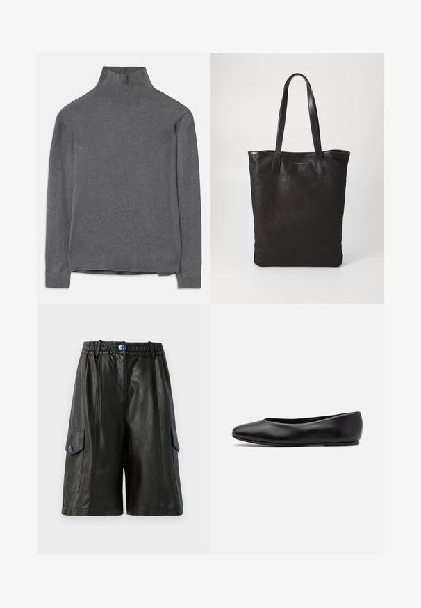 Sivi pulover s visokim ovratnikom izrađen od meke tkanine, s dugim rukavima, rebrastim ovratnikom i rubom te opuštenim krojem. Glatka tekstura i jednostavan dizajn.; Crne kožne cargo kratke hlače s elastičnim pojasom, koje imaju dva bočna džepa, prednji zatvarač i plavi gumb kao ukras.; Paul Smith TOPANGA - Balerinke - black; Crna platnena torba s crnim kožnim ručkama. Jednostavan dizajn, prostrano tijelo i glatka tekstura. Bez vidljivih logotipa ili uzoraka.