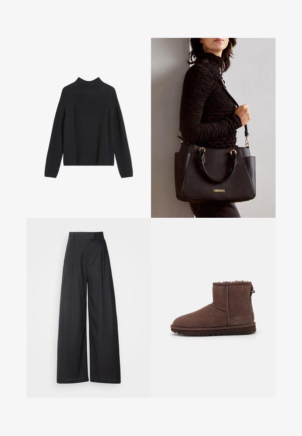 Tumša adīta džemperis ar augstu stāvošu apkakli, ribotu tekstūru un garām piedurknēm. Taisna piegriezuma ar pazeminātiem plecu šuvēm un bez redzamām aizdares.; Tumši, plataji svārki ar strukturētu jostas daļu un krokām. Izgatavoti no viegla auduma, ar gludu tekstūru un bez redzamām rakstu zīmēm.; UGG CLASSIC MINI II - Ziemas zābaki - burnt cedar; Melnā rokassoma ar teksturētu virsmu, diviem augšējiem rokturiem un regulējamu pleca siksnu. Iespējas ar zelta krāsas aparatūru un sānu kabatām.