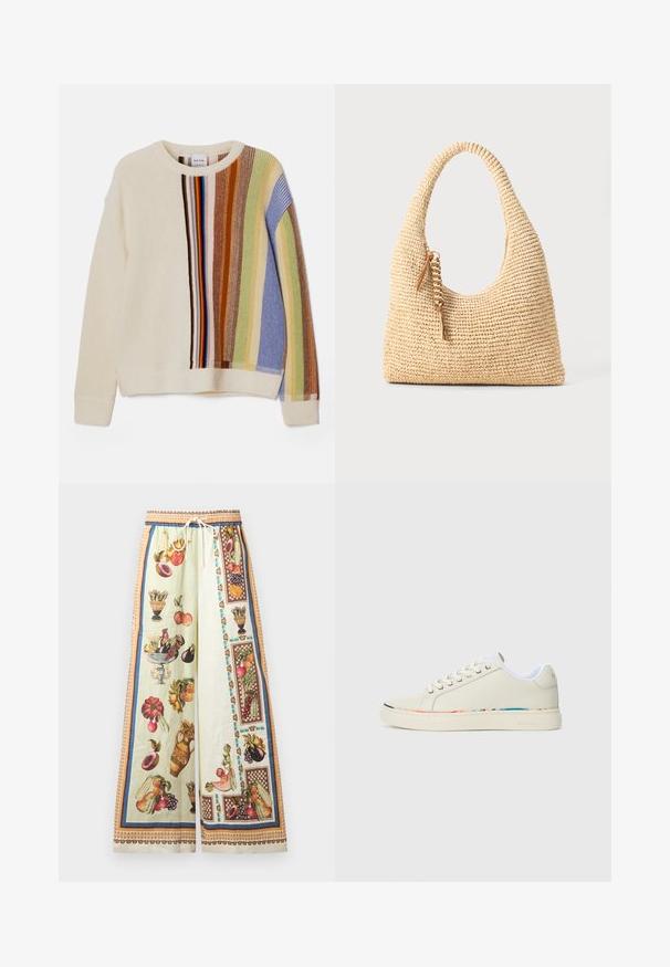 Adīts džemperis krēmkrāsā ar daudzkrāsainām vertikālām svītrām zilos, zaļos, brūnos un sarkanos toņos. Tam ir apaļa izgriezuma deļa un ribota apkakle.; Plati svārki, kas izgatavoti no viegla materiāla, ar maigi zaļu pamatu un krāsainām augļu un vazo ilustrācijām. Elastīga josta ar auklu.; Off-white zemas tenisa kurpes ar auklām, baltā iekšējā oderē un maiga daudzkrāsaina apmale ap zoli, sānu skats.; Auduma bēšs rokassomu ar izliekto rociņu, strukturētu virsmu un brūna pušķa detaļu. Iespējama vaļīga, hobo forma.