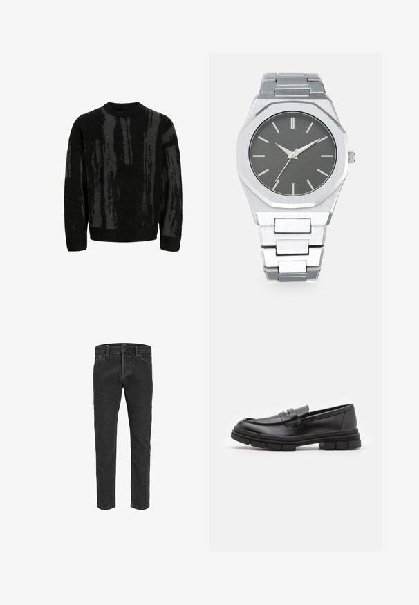 Pulover negru din lână cu dungi verticale abstracte de culoare gri închis, guler rotund cu nervuri, manșete și tiv.; Jeans negri din denim cu un design drept pe picioare, cinci buzunare și șireturi pentru curea, având o textură ușor decolorată și cusături contrastante.; Loaferi din piele neagră cu un finisaj neted, având un detaliu cu bretea frontală și o talpă din cauciuc masivă cu accente striate.; Ceas analog argintiu cu carcasă octagonală, cadran gri, marcaje orare argintii și brățară din oțel inoxidabil cu zale. Design minimalist cu textură netedă.