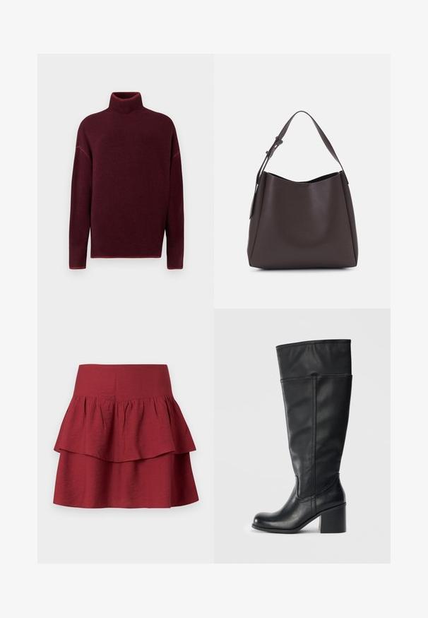Burgundi spalvos golfas su įlankstom apykakle ir rankogaliais, pagamintas iš minkštos tekstūros, turi nukritusius pečius ir laisvą siluetą.; Sluoksniuota sijonas tamsiai bordo spalvos, su plačiu juosmens diržu, struktūrizuotais ruffles ant sluoksnių ir minkšta, tekstūrizuota medžiaga.; Kojų aukščio juodos odinės botai su blokuotu kulnu, lygiu paviršiumi ir siuvinėjimo detalėmis iš šonų. Paprastas ir modernus dizainas.; Vero Moda VMLANE - Pirkinių krepšys - chocolate torte