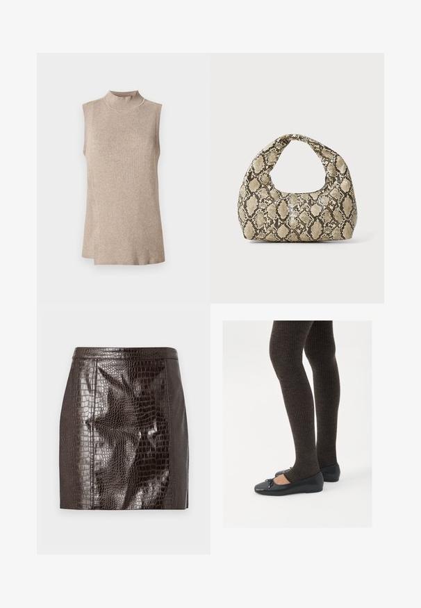 Beige bezrukávový top s vysokým žebrovaným límcem, se strukturovaným pleteným vzorem a asymetrickým lemem, ideální pro vrstvení.; Tmavě hnědá mini sukně z umělé krokodýlí kůže s panelovým šitím a rovný lem.; Černé ploché boty s malou mašlí na špičce, kombinované s tmavě hnědými žebrovanými punčochami. Boty mají hladký povrch a nízký profil.; Kabelka s hadím vzorem a zakřiveným držadlem. Vyrobena z texturovaných béžových a hnědých materiálů, s charakteristickým diamantovým vzorem.
