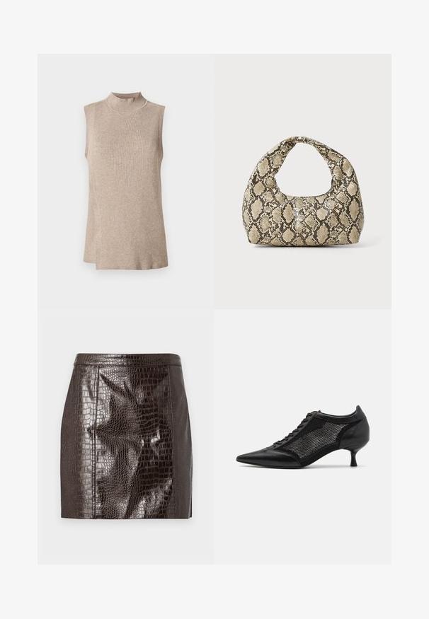 Top senza maniche beige con colletto alto a coste, caratterizzato da un motivo a maglia testurizzata e un orlo asimmetrico, ideale per essere indossato a strati.; Gonna mini in finta pelle di coccodrillo marrone scuro, con cuciture a pannello e orlo dritto.; Scarpa nera a punta con un design a pannello di rete, dotata di un tacco basso e lacci frontali. Realizzata in una combinazione di pelle e materiale a rete.; Borsa a stampa rettile con manico curvo. Realizzata in materiali testurizzati beige e marroni, presenta un distintivo motivo a rombi.