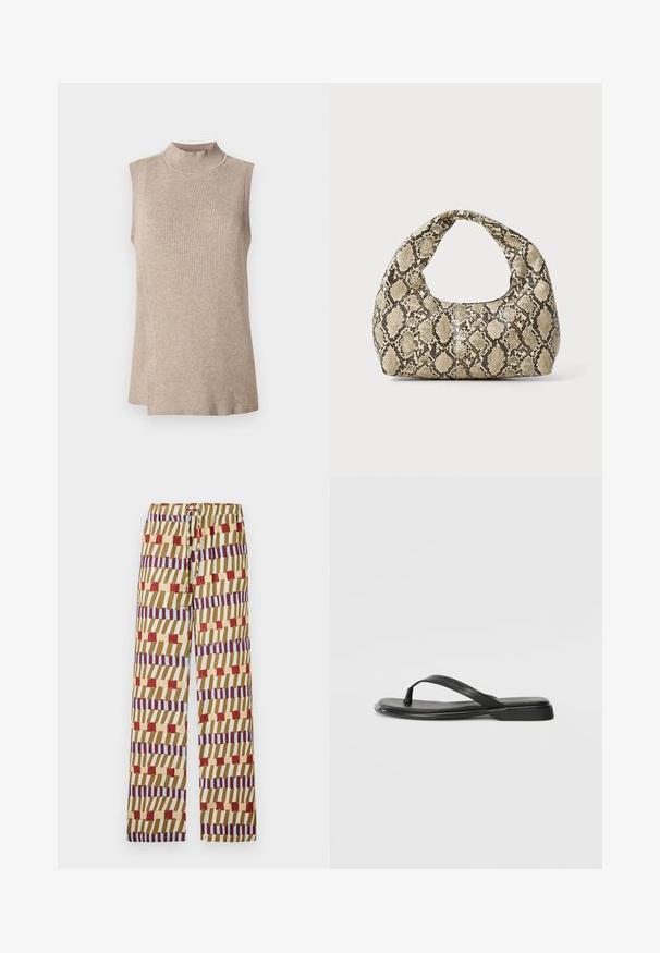 Top senza maniche beige con colletto alto a coste, caratterizzato da un motivo a maglia testurizzata e un orlo asimmetrico, ideale per essere indossato a strati.; Pantaloni colorati a fantasia con cintura regolabile, realizzati in tessuto leggero. Il design include strisce rosse, blu e gialle.; Infradito neri in pelle liscia, con un design a fascia sottile e una suola piatta dal profilo minimale. Nessun motivo o accento particolare.; Borsa a stampa rettile con manico curvo. Realizzata in materiali testurizzati beige e marroni, presenta un distintivo motivo a rombi.
