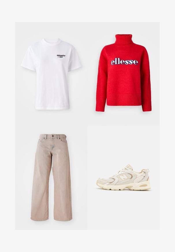 Červený pletený sveter s vysokým ribovaným golierom. Má horizontálne ribovanie na leme a manžetách. Logo "ellesse" je významne zobrazené v modrej a bielej farbe.; Biela krátka tričko s krátkym rukávom a okrúhlym výstrihom s malým čiernym a fialovým logom Carhartt WIP na ľavej hrudi.; Béžové široké džínsy s vysokým pásom, päť vrecový design a zapínanie na gombík. Textília má jemnú štruktúru a mierne vyblednutie vpredu.; Bežové športové topánky s sieťovinou a syntetickými prekrytiami, s textúrovaným povrchom, polstrovaným golierom a odpružením "ABZORB" na päte.