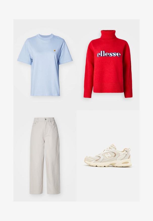 Pulover roșu tricotat, cu guler înalt cu nervuri. Are nervuri orizontale la marginea de jos și la manșete. Logo-ul "ellesse" este afișat proeminent în albastru și alb.; Tricou din bumbac de culoare albastru deschis, cu mâneci scurte, decolteu rotund și un mic logo galben brodat pe piept. Textură moale, croi lejer.; Pantaloni din bumbac bej, cu croială largă, talie înaltă, sistem de închidere cu nasture și fermoar, și patru buzunare; textură netedă cu un finisaj de denim.; Încălțăminte sport bej cu plasă și suprapuneri sintetice, având o suprafață texturată, guler umplut și amortizare „ABZORB” la călcâi.