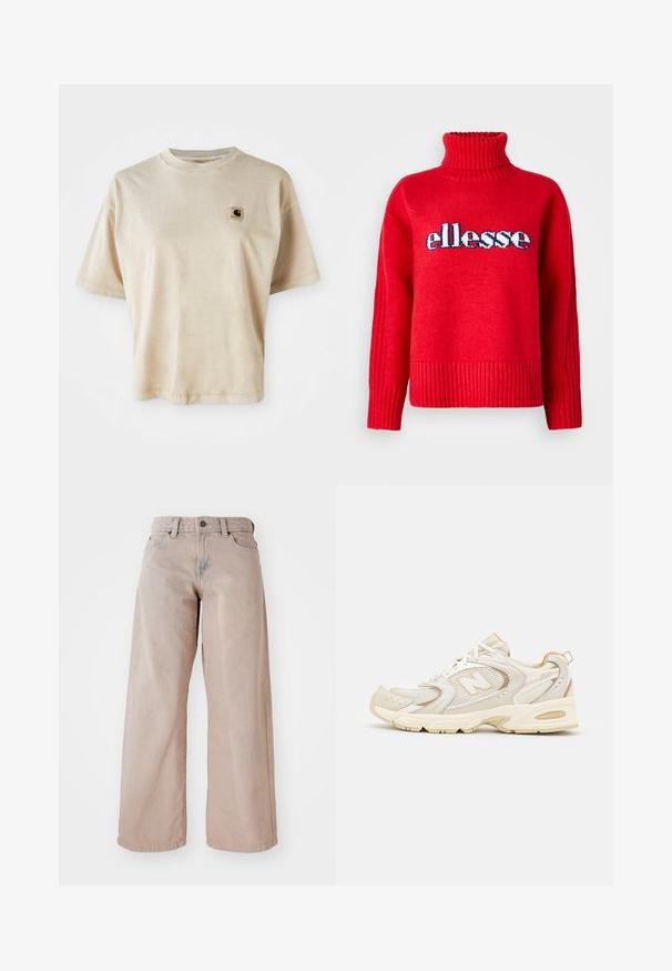 Roter gestrickter Pullover mit einem hohen Rippkragen. Ausgestattet mit horizontalen Rippungen am Saum und an den Bündchen. Das "ellesse"-Logo ist in Blau und Weiß deutlich sichtbar.; Beige Baumwoll-T-Shirt mit lässigem Schnitt, Rundhalsausschnitt, kurzen Ärmeln und einem kleinen quadratischen Logo-Patch auf der linken Brustseite.; Beige weit geschnittene Jeans mit hohem Bund, Fünf-Taschen-Design und Knopfverschluss. Der Stoff hat eine weiche Textur und eine leichte Ausbleichung an der Vorderseite.; Beige Sportlichchuhe mit Mesh- und synthetischen Überzügen, mit einer strukturierten Oberfläche, gepolstertem Kragen und "ABZORB"-Dämpfung an der Ferse.