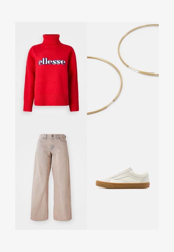 Rde pleten pulover z visokim rebrastim ovratnikom. Ima horizontalne rebraste detajle na robu in manšetah. Logotip "ellesse" je izpostavljen v modri in beli barvi.; Bež široke kavbojke z visokim pasom, petimi žepi in gumbom za zapiranje. Tkanina ima mehak teksturo in rahlo bledenje spredaj.; Beli platneni nizki športniki z gumijastim podplatom, okroglo konico, vezalnim zapiranjem in stransko usnjeno črto.; Zlate obroče ušesne uhane, tanke in krožne oblike, z gladko kovinsko površino brez okrasnih elementov ali vzorcev.