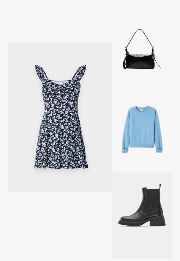 Svetlo modrý sveter vyrobený z jemnej, kefovanej tkaniny. Má ribbované manžety a lem, a zaoblený výstrih. Voľný strih s poklesnutými ramenami.; Námornícky modré kvetinové šaty s bielymi vzormi, priliehajúca korzetová časť, rozšírená sukňa a volánikové ramienka. Vyrobené z mäkkej tkaniny, ľahký materiál.; Čierne kožené členkové topánky s elastickými bočnými panelmi, zaoblenou špičkou a robustným blokovým opätkom. Hladká textura s minimalistickým dizajnom.; Čierna kožená kabelka s zakriveným popruhom na rameno, hladkou textúrou, obdĺžnikovým tvarom, zipsovým uzáverom a striebornými kovovými doplnkami.