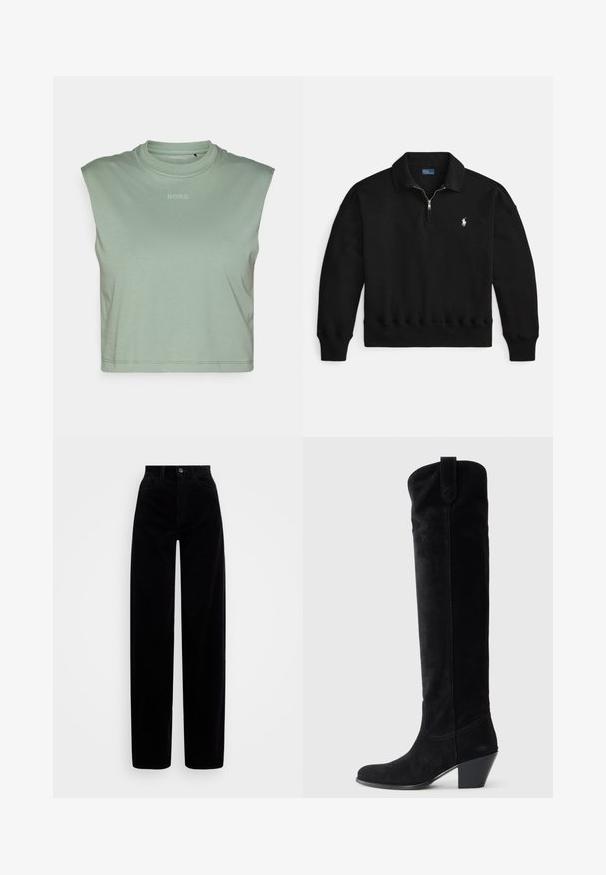 Crni pulover s kapuljačom na četvrtasti patent, rebrasti manžetama i rubom, s malim bijelim logom na lijevoj strani prsnog dijela. Mekana tekstura materijala.; Svijetlozeleni kratki top bez rukava od mekog materijala, s okruglim izrezom i malim 'BORG' logotipom ispisanim sprijeda.; Crne korduske hlače s visokim strukom, širokim nogavicama i jednim preklopom sprijeda. Glatka tekstura s vertikalnim rebrastim uzorkom.; Crne nubuk čizme do koljena s suženim kvadratnim potpeticama. Glatka tekstura, zaobljen vrh i prošivni detalji duž osovine.