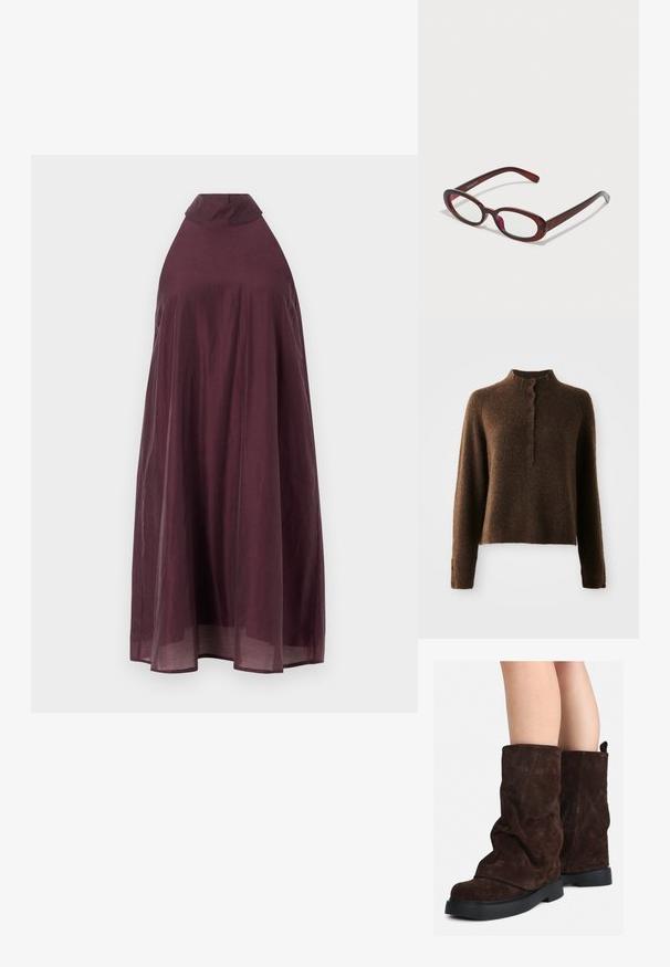 Brauner fuzzie Strickpullover mit langen Ärmeln, einem hohen gerippten Kragen und einer Knopfleiste mit sechs schwarzen Knöpfen vorne und an den Bündchen.; Weinrotes, ärmelloses Kleid mit hohem Kragen und fließender Silhouette. Leichter Stoff, der bis zum Knie reicht, mit glatter Textur.; Braune Wildleder-Stiefel bis zur Wade mit schwarzen Gummisohlen, die an nackten Beinen getragen werden und leichte Faltenbildung an den Schafthaltern aufweisen.; Ovale rote Sonnenbrillen mit klaren Gläsern und schlanken braunen Fassungen. Das Design weist sanfte Kurven und minimalen Hardwareeinsatz auf.