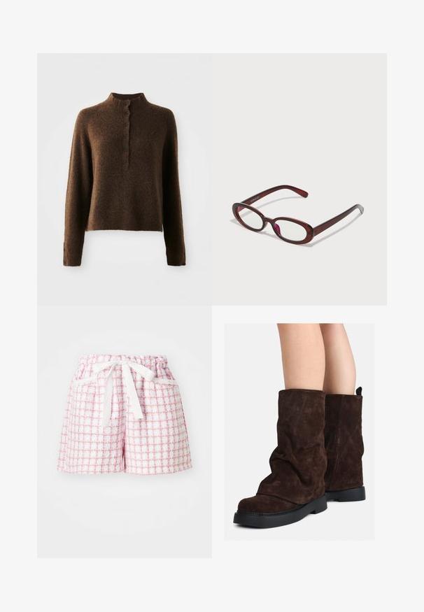 Pruun karvane kudum särk pikkade varrukatega, kõrge soonikkoes krae ja kuue musta nupuga nööpide rida ees ja mansettides.; Valge pikkade varrukatega pluus klassikalise kraega, ees nööbiga sulgemine ja kokkuvõetud külgedega detail. Sile kangas ja kohandatud lõige.; Valged ja roosad ruudulised lühikesed püksid tekstuuri ja elastse vöökohaga, ees on seotud lips. Kaks külgepocketit.; Pruunid sametist keskmise pikkusega saapad mustade kummist talladega, kantud paljaste jalgadega, saapaste varsi peal on nähtavad kerged kortsud.; Ovaalsed punased prillid, millel on selged läätsed ja sujuvad pruunid kered. Disainis on peened kõverad ja minimaalne riistvara.