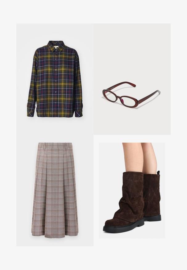 Hnědý chlupatý pletený svetr s dlouhými rukávy, vysokým žebrovým límcem a knoflíkovou lištou se šesti černými knoflíky na přední části a manžetách.; Barbour ELISHAW - Košilová halenka - classic tartan; Bílé košile s dlouhým rukávem a předním zapínáním na knoflíky, s límečkem, měkkou žebrovanou texturou a světle žlutými knoflíky.; Plisovaná midi sukně v hnědém a šedém kostkovaném vzoru, vyrobená z texturované látky. Má pásek v pase a sahá do poloviny lýtek.; Hnědé semišové kozačky po lýtka s černými gumovými podrážkami nošené na nahých nohách, s mírným pomačkáním na nohavicích.; Ovalo tvarované červené sluneční brýle s průhlednými skly a elegantními hnědými rámy. Design má jemné křivky a minimální hardware.; Hnědá kožená taška na cesty s dvěma horními uchy, odnímatelným ramenním popruhem, zlatými kovovými doplňky a obdélníkovým štítkem na zavazadla. Texturovaný povrch.