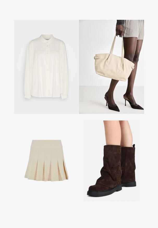 Pull en maille brun flou avec des manches longues, un col côtelé haut et une patte de boutonnage avec six boutons noirs à l'avant et aux poignets.; Chemisier blanc à manches longues, avec un col montant, une fermeture à boutons et des détails froncés aux épaules. Fabriqué en tissu léger.; Jupe plissée beige avec une taille cintrée, fabriquée dans un tissu lisse. Présente plusieurs plis verticaux et un ourlet droit.; Bottes en suède marron mi-mollet avec des semelles en caoutchouc noires portées sur des jambes nues, présentant de légers plis sur les tiges des bottes.; Sac tote beige avec une finition en cuir lisse, une forme structurée, deux poignées et des détails de boucle sur les côtés. Associé à des talons noirs élégants.