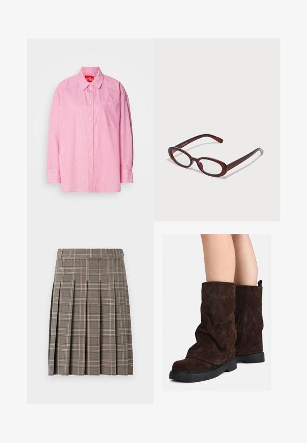 Pulover tricotat maro, pufos, cu mâneci lungi, guler înalt cu nervuri și o deschidere cu butoane, având șase butoane negre în față și pe manșete.; Cămașă roz cu nasturi, decorată cu dungi verticale albe, prevăzută cu un buzunar pe piept și mâneci lungi cu manșete cu nasturi. Fabricată dintr-un material ușor.; Fustă gri carouri cu pliuri, având o combinație de tonuri închise și deschise și linii subtile în roz. Fabricată dintr-un material texturat cu un brâu.; Cizme din suede maro, până la jumătatea gambei, cu talpă din cauciuc negru, purtate pe picioare goale, arătând ușoare cute pe partea superioară a cizmelor.; Ochelari de soare roșii, în formă ovală, cu lentile transparente și rame elegante de culoare maro. Designul prezintă curbe subtile și minim de accesorii.