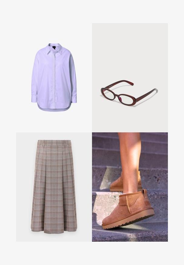 Maglione marrone in filato morbido con maniche lunghe, colletto alto a costine e una fila di sei bottoni neri sulla parte anteriore e sui polsini.; Camicia bianca a maniche lunghe realizzata in tessuto liscio, con un davanti con bottoni, colletto classico e spacchi laterali all'orlo per facilitare il movimento.; Gonna midi plissettata con un motivo a quadri marrone e grigio, realizzata in un tessuto testurizzato. Presenta una vita regolabile e arriva fino al polpaccio.; Stivali alla caviglia in suede beige con una consistenza morbida, dettagli cuciti e suola in gomma, dotati di un tacco ad anello per una facile vestibilità.; Occhiali da sole rotondi di colore rosso con lenti trasparenti e montatura marrone elegante. Il design presenta curve sottili e hardware minimale.; Borsa da viaggio in pelle marrone con due manici superiori, una tracolla removibile, hardware dorato e un'etichetta per il bagaglio rettangolare. Superficie testurizzata.