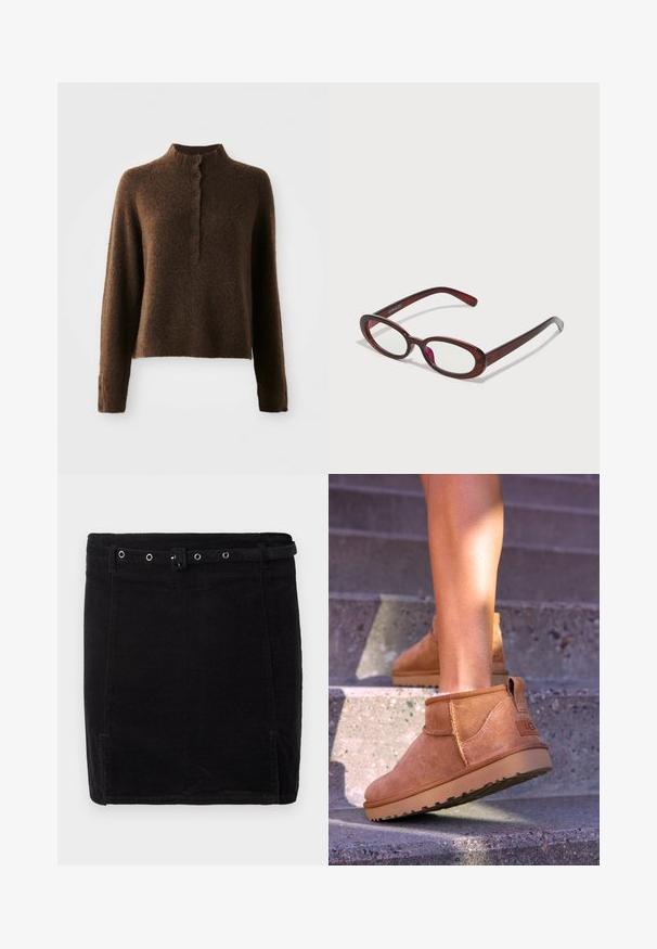 Hnědý chlupatý pletený svetr s dlouhými rukávy, vysokým žebrovým límcem a knoflíkovou lištou se šesti černými knoflíky na přední části a manžetách.; Černá kordurová sukně s přiléhavým střihem, vybavená opaskem, stříbrnými detaily a jemnou vertikální texturou žebrování.; Světlé semišové kotníkové boty s měkkou strukturou, prošívanými detaily a gumovou podrážkou, s okrouhlým podpatkem pro snadné obouvání.; Ovalo tvarované červené sluneční brýle s průhlednými skly a elegantními hnědými rámy. Design má jemné křivky a minimální hardware.; Hnědá kožená taška na cesty s dvěma horními uchy, odnímatelným ramenním popruhem, zlatými kovovými doplňky a obdélníkovým štítkem na zavazadla. Texturovaný povrch.