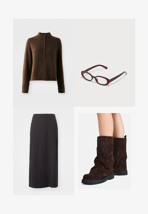 Brun fluffig stickad tröja med långa ärmar, en hög räfflad krage och en knappslå med sex svarta knappar fram och vid ärmsluten.; Svart randig midiskirt med rak silhuett, som har en jämn textur och en midja högst upp. Detalj med sidöppning ingår.; Bruna mockasin-stövlar som når till mitten av vaden med svarta gummisulor, som bärs på nakna ben och visar en lätt rynkning på stövlarna.; Ovalformade röda solglasögon med klara linser och eleganta bruna bågar. Designen har subtila kurvor och minimal hårdvara.