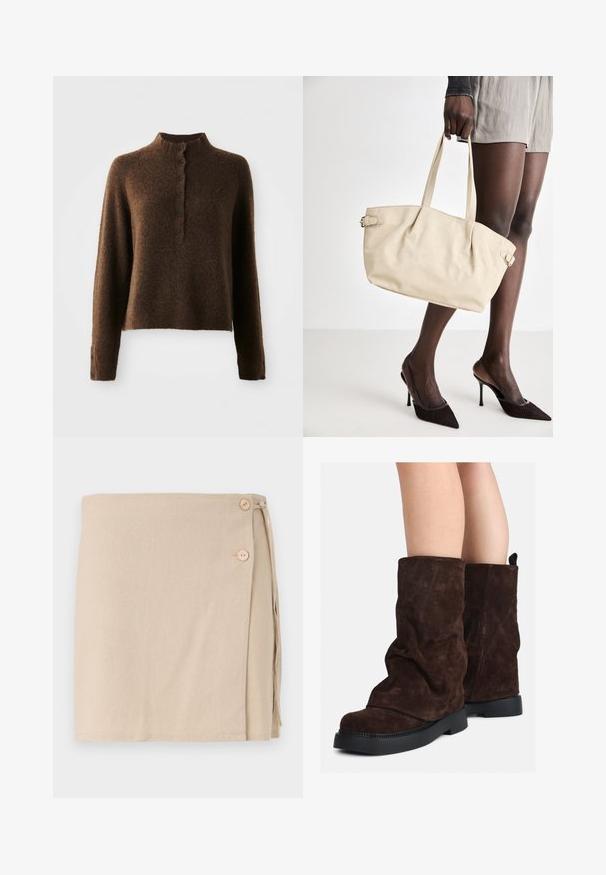 Pulover tricotat maro, pufos, cu mâneci lungi, guler înalt cu nervuri și o deschidere cu butoane, având șase butoane negre în față și pe manșete.; Fustă înfășurată bej dintr-un material moale, cu două butoane din lemn și detaliu lateral legat. Textură netedă, design de lungime medie.; Cizme din suede maro, până la jumătatea gambei, cu talpă din cauciuc negru, purtate pe picioare goale, arătând ușoare cute pe partea superioară a cizmelor.; Geantă tote bej cu un finisaj din piele netedă, formă structurată, două mânere și detalii cu cataramă pe lateral. Asortată cu tocuri elegante negre.; Bandă de cap din material moale, de culoare crem, cu un design răsucit, purtată alături de o bluză în dungi bej și albă, cu guler rotund. Accente discrete din bijuterii.