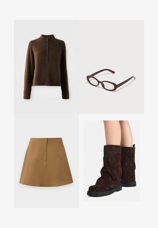Barna bolyhos kötött pulóver hosszú ujjakkal, magas bordás gallérral, valamint elől és a mandzsettákon hat fekete gombbal ellátott gombolással.; Barna szoknya, amelynek sziluettje bővülő, sima anyagból készült. Egyszerű derékrésszel és hátsó varrás részlettel rendelkezik.; Barna velúr, középig érő csizmák fekete gumitalppal, mezítláb viselve, a csizma szárán enyhe gyűrődések láthatók.; Ovális alakú piros napszemüveg átlátszó lencsékkel és karcsú barna kerettel. A dizájn diszkrét íveket és minimális szerelvényeket mutat.