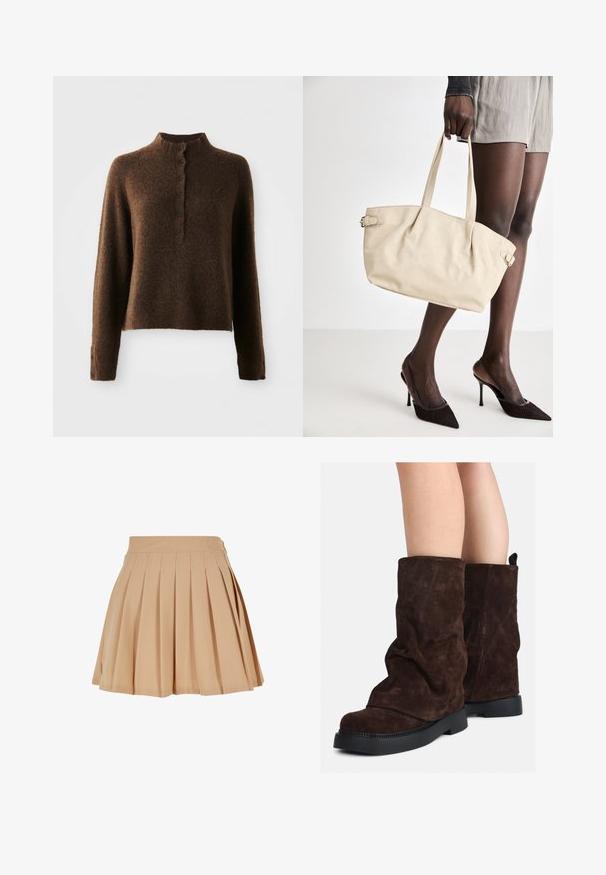 Pruun karvane kudum särk pikkade varrukatega, kõrge soonikkoes krae ja kuue musta nupuga nööpide rida ees ja mansettides.; Beež pleated mini seelik kõrge vöökoht ja õrnalt tikitud logo vöökoha paremal küljel.; Pruunid sametist keskmise pikkusega saapad mustade kummist talladega, kantud paljaste jalgadega, saapaste varsi peal on nähtavad kerged kortsud.; Beež kott sileda nahaprindiga, struktureeritud kuju, kahe sangaga ning külgmiste nööpdetailidega. Sobitatud elegantsete mustade kõrgete kontsadega.; Kreemjas pehmendusega peapael, millel on keerutatud disain, koos beeži ja valge triibulise särgiga, millel on ümar kaelus. Diskreetne ehtedisain.