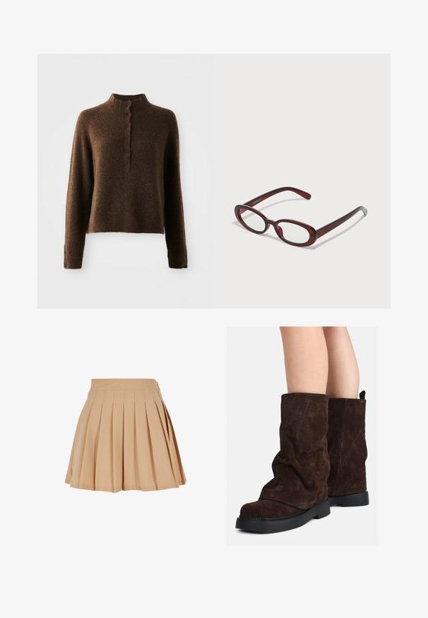 Hnedý huňatý pletený sveter s dlhými rukávmi, vysokým ribovaným golierom a patentným zapínaním s šiestimi čiernymi gombíkmi na prednej strane a na manžetách.; Béžová plisovaná mini sukňa s vysokým pásom a jemným vyšitým logom na pravej strane pásu.; Hnedé semišové čižmy do polovice lýtok s čiernymi gumovými podrážkami nosené na holých nohách, s miernymi vráskami na šaftoch čižiem.; Okuliare v oválnom tvare s červenými sklami a elegantným hnedým rámom. Dizajn sa vyznačuje jemnými krivkami a minimálnym hardvérom.; Béžová kabelka vyrobená z mäkkého materiálu, s uvoľneným dizajnom, prišitými detailmi a dvoma popruhmi na nosenie na pleciach. Vhodná na každodenné nosenie.