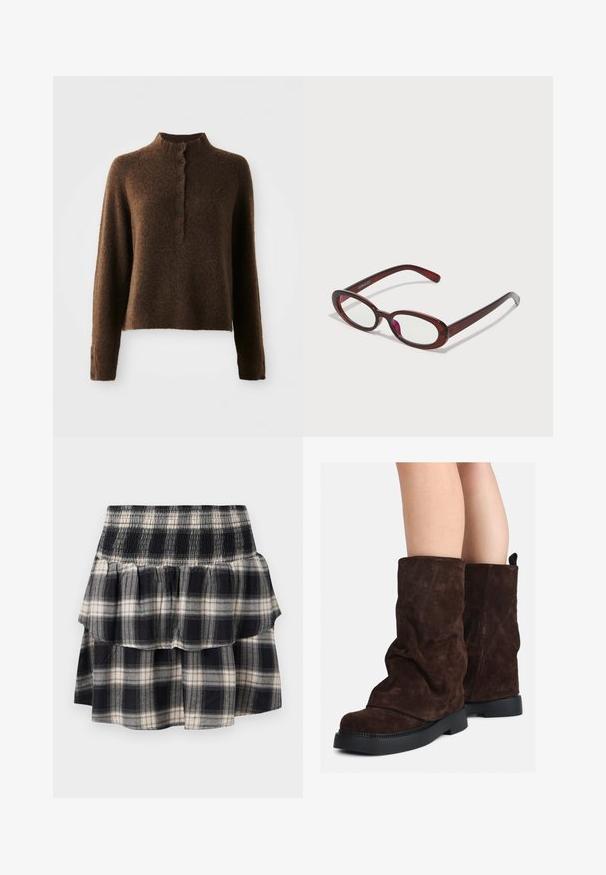 Pulover tricotat maro, pufos, cu mâneci lungi, guler înalt cu nervuri și o deschidere cu butoane, având șase butoane negre în față și pe manșete.; Fustă cu carouri alb-negru în straturi, cu talie elastică. Prezintă straturi volan și o textură moale din bumbac.; Cizme din suede maro, până la jumătatea gambei, cu talpă din cauciuc negru, purtate pe picioare goale, arătând ușoare cute pe partea superioară a cizmelor.; Ochelari de soare roșii, în formă ovală, cu lentile transparente și rame elegante de culoare maro. Designul prezintă curbe subtile și minim de accesorii.