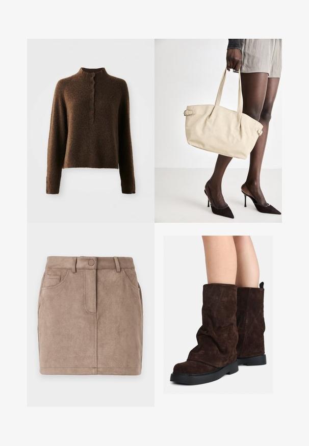Brun ullen genser med lange ermer, høy ribbestrikket krage og en knappestolpe med seks svarte knapper foran og på ermene.; Tan, semsket miniskjørt med rett snitt, frontlukking med knapper, fem lommer og beltehemper; myk tekstur og jevn overflate.; Brune suedestøvler til midt på leggen med sorte gummisåler, båret på nakne legger, som viser lett rynking på støvelskaftene.; Beige tote bag med en glatt lærfinish, strukturert form, to håndtak og sidespenne detaljer. Kombinert med elegante svarte hæler.; Kremfarget polstret hodebånd med tvunnet design, kombinert med en beige og hvit stripete skjorte med rund halsutskjæring. Subtile smykker som aksenter.