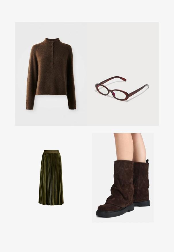 Bruine donzige gebreide trui met lange mouwen, een hoge ribbelkraag en een knoopsluiting met zes zwarte knopen aan de voorkant en bij de manchetten.; Olijfgroene mid-lange geplooide rok met elastische tailleband, voorzien van subtiel "JOOP!" logo, satijnachtige stof en een zwierige silhoeet.; Bruine suède laarzen tot halverwege het been met zwarte rubberen zolen, gedragen op blote benen, met een lichte rimpeling op de schacht van de laarzen.; Ovaalvormige rode zonnenbril met heldere lenzen en slanke bruine montuur. Het ontwerp heeft subtiele rondingen en minimale hardware.