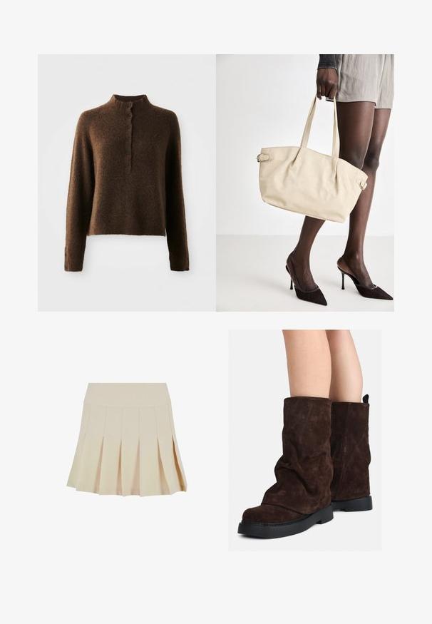 Brun fluffig stickad tröja med långa ärmar, en hög räfflad krage och en knappslå med sex svarta knappar fram och vid ärmsluten.; Beige plisserad kjol med en åtsittande midja, tillverkad av ett slätt tyg. Har flera vertikala plisseringar och en rak fåll.; Bruna mockasin-stövlar som når till mitten av vaden med svarta gummisulor, som bärs på nakna ben och visar en lätt rynkning på stövlarna.; Beige tote-väska med en slät läderfinish, strukturerad form, två handtag och sidospänne-detaljer. I kombination med eleganta svarta klackar.; Krämfärgad vadderad huvudband med vriden design, i kombination med en beige och vit randig skjorta med rund halsringning. Diskreta smyckeakcenter.